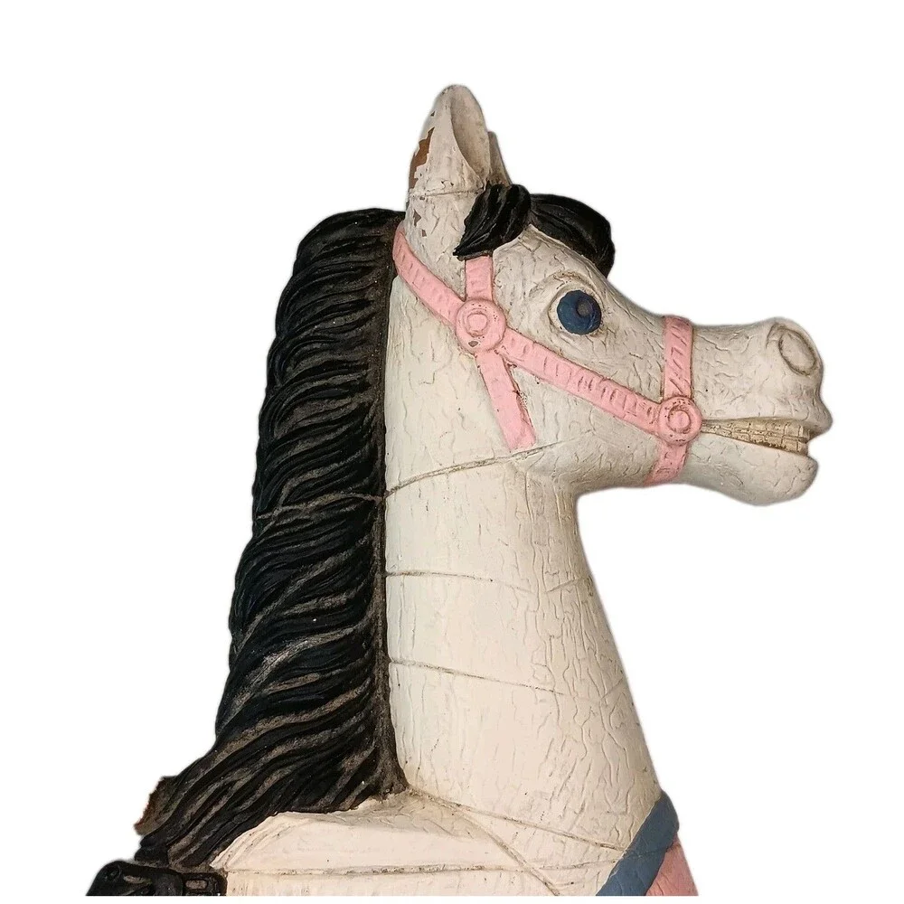 Vintage Yorkraft Carousel Horse Carved Wall Plaque White Pink Blue Black Mane